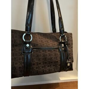 Liz Claiborne satchel with brown logo pattern canvas dark brown patent leather